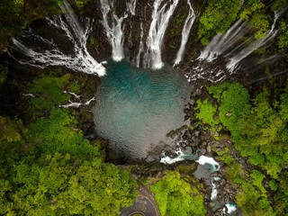 Bird eye view of the grand galet waterfall in reunion island 