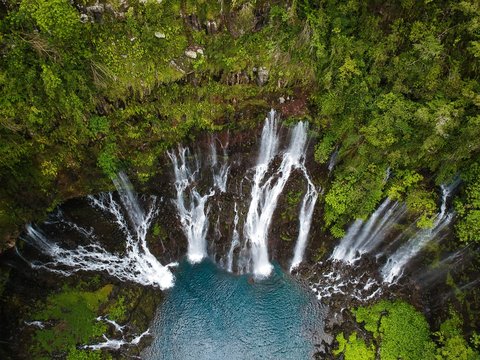 Bird eye view of the grand galet waterfall in reunion island 