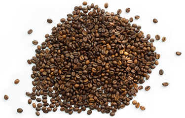 Selected calibrated Arabica coffee beans scattered on a white surface, table, blended, isolated, top view