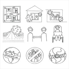 Set of forced quarantine, self-isolation. Doodle vector illustration. Coronavirus quarantine preventive measures. Stay home.Work in home.	
