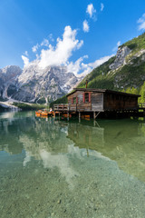 Fototapeta na wymiar Braies Lake, Dolomiti, Italy. Morning shots of this famous mountain scenery located in South Tyrol. 