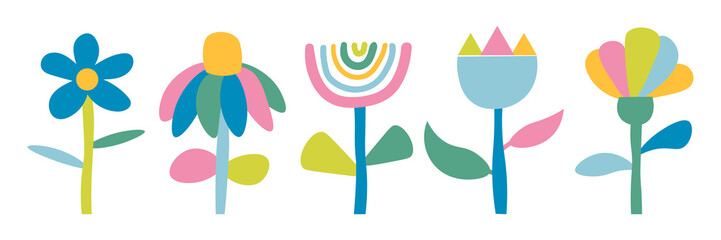 Cute cartoon flowers set in flat style. Childlike floral elements isolated on white background. Vector illustration. 