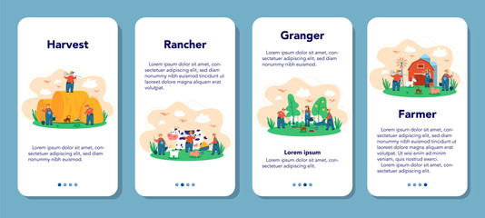 Obraz premium Farm, farmer mobile application banner set. Farmers working