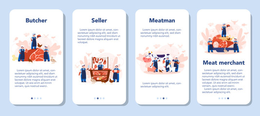Butcher or meatman mobile application banner set. Fresh meat