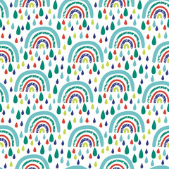 Cute cartoon textured rainbow in flat style. Childlike card with colorful arches isolated on white background. Vector illustration.   