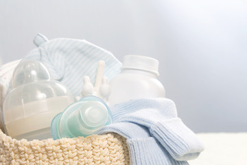 Newborn baby care supplies on changing table.