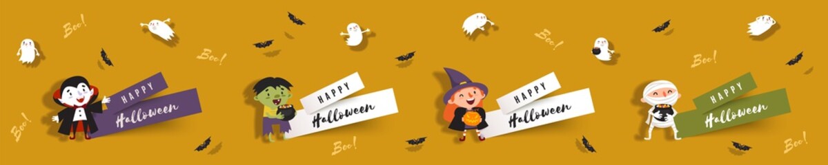 Halloween set papercut banners with witch, vampire, ghost, zombie, mummy, bat
