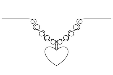 Continuous line drawing. Necklace with heart. Black isolated on white background. Hand drawn vector illustration. 