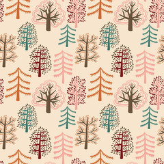 Cute forest seamless pattern with cartoon summer trees in flat doodle style. Woodland background. Vector illustration.  
