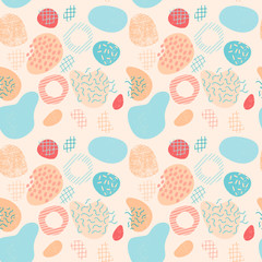 Colorful Memphis style messy abstract seamless pattern with uneven textured round stains, spots, geometrical shapes on pastel background. Vector illustration. 