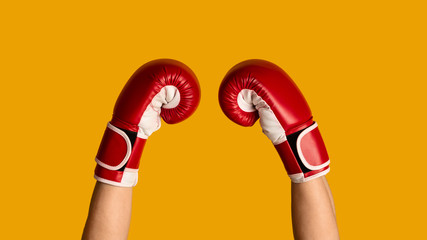 Unrecognizable fighter showing hands in boxing glove on orange background, close up. Panorama