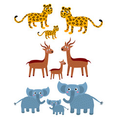 Leopard, antelope, elephant. Cartoon African families of wild animals in childlike flat style isolated on white background. Vector illustration. 