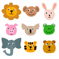 Cartoon faces of zoo animals in flat style isolated on white background.  Animal avatars. Lion and tiger, monkey and rabbit, pig and koala, elephant and bear, frog. Vector illustration. 