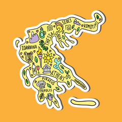 Sticker. Hand drawn Colored doodle Greece map. Greek city names lettering and cartoon