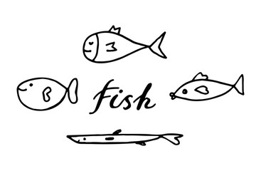 Hand drawn doodle fish with lettering. Underwater animal. Childish funny cartoon picture.