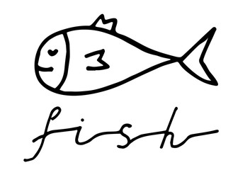 Hand drawn doodle fish with lettering. Underwater animal. Childish funny cartoon picture.