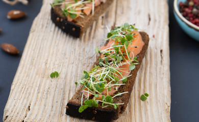 salmon toast with a grass (micro-green) wooden background top view. concept of healthy eating. assortment of bruschetta. bread with red fish.