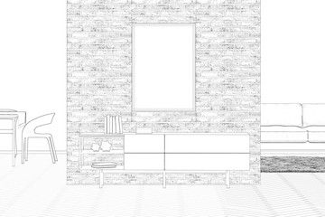 Sketch of the interior of a modern hall with a vertical poster on a brick wall above a stand with a view of the living room and dining room. Front view. 3d render