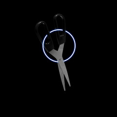 Zero gravity background dark object in the air Scissors with neon