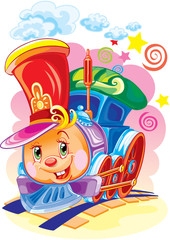 character of a cheerful childrens train in funny colors, vector illustration,
