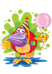 Naklejka premium silly crow bird in a cap and with a ball in his hands, vector illustration,