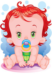 baby with green eyes, curly and with a blue pacifier sits in surprise, isolated object on a white background, vector illustration,