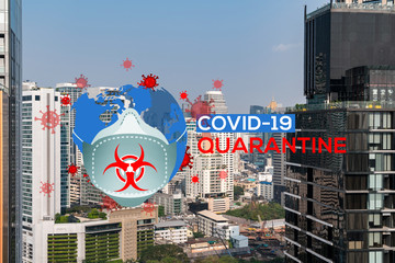 Face mask drawing over big city Bangkok cityscape day time. Modern skyscrapers panorama. COVID-19 self isolation and quarantine concept.