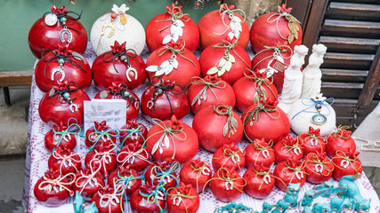 Traditional Cyprus painted ceramic pomegranates for sale at Nicosia, Cyprus.