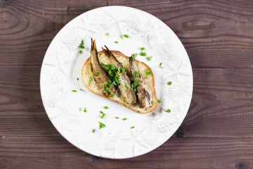 Smoked caned sprats on toast with green onion on white plate decorated sea shells on brown wooden background