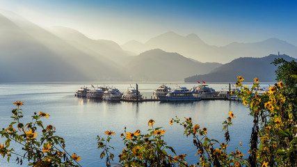 Sun Moon Lake at sunrise in Nantou, Taiwan. © tawatchai1990