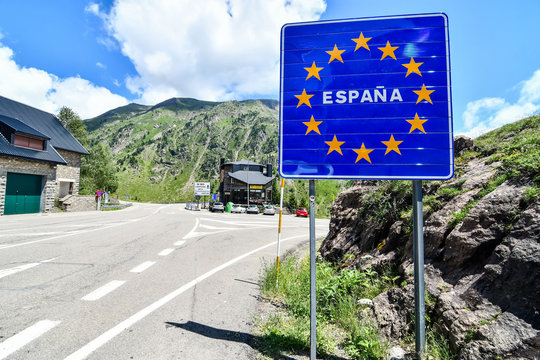 European Border between spain and france in the pyrenees mountains, andorra, road sign, europe
