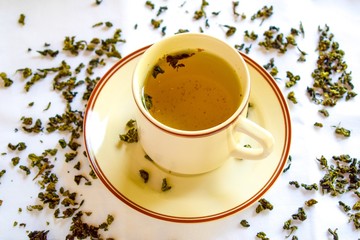 Aromatic green dry tea spread on the table. Green tea served with tea cup.