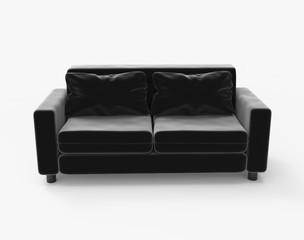 Black velvet double sofa. Isolated on white. Clipping path. 3D Rendering.