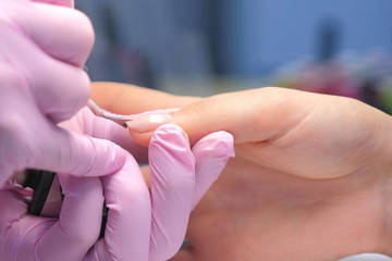 Manicurist master is covering painting client's nails shellac, hands closeup. Professional manicure...