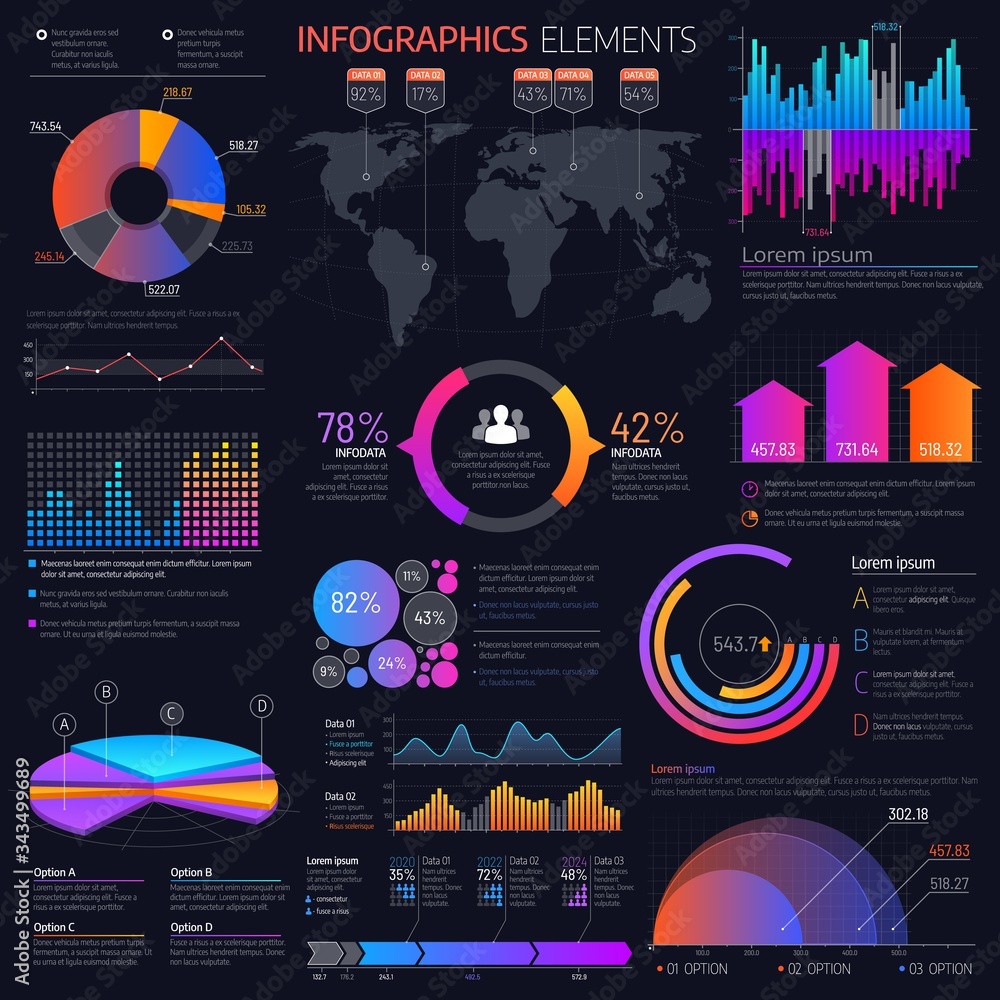 Poster Business infographics vector elements. Template of presentation graphs, charts and world map, business options, processes, steps, workflow and timeline diagrams, statistic data info graphic design