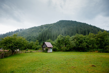 Obraz premium Old abandoned cabin in the mountains. Carpathian mountains.