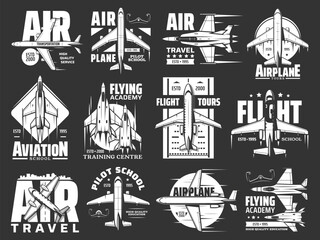 Aviation, air travel and airplane vector icons. Flight tours and aircraft pilot school badge, military aviation and air transport academy, flying training center and airlines passenger service company