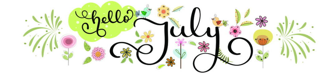 Hello July.  JULY month vector with flowers, swashes and leaves. Decoration floral. Illustration month July	