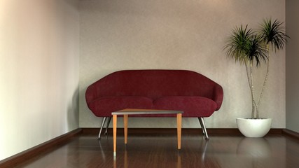 Room with red sofa, table and plant