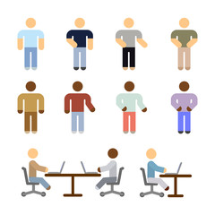 Simple images of people in different poses with different movements of hands sitting at a table with laptops. Office staff working together. Isolated vector on a white background.
