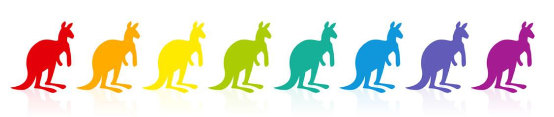 Rainbow colored kangaroos, colorful parade, rainbow spectrum. Funny comic illustration on white background.
