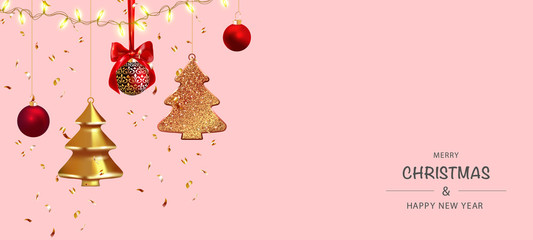 Merry Christmas and happy new year. Xmas background. New Year horizontal Background with Sparkling Christmas tree and Abstract Gold Christmas Trees.