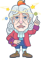 cartoon brilliant scientist physicist Isaac Newton, funny illustration