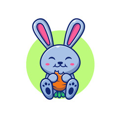 Cute Rabbit And Carrot Vector Icon Illustration. Bunny Logo Mascot Cartoon Character. Animal Logo Concept White Isolated. Flat Cartoon Style Suitable for Web Landing Page, Banner, Flyer, Sticker, Card