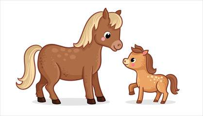Cute horse with foal on a white background in cartoon style. Vector illustration.