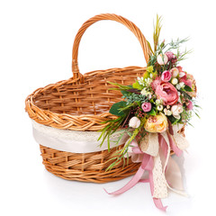 Fototapeta na wymiar Easter basket on white background. Decorated with a large decoration of colorful bright colors, greens and ribbons and lace.