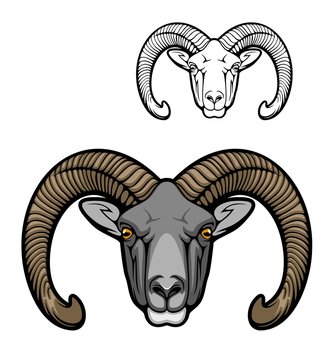Mouflon sheep wild animal muzzle, vector hunter club icon. Hunting sport and hunt adventure, wild mouflon buffalo ram with curved horns, zoo symbol