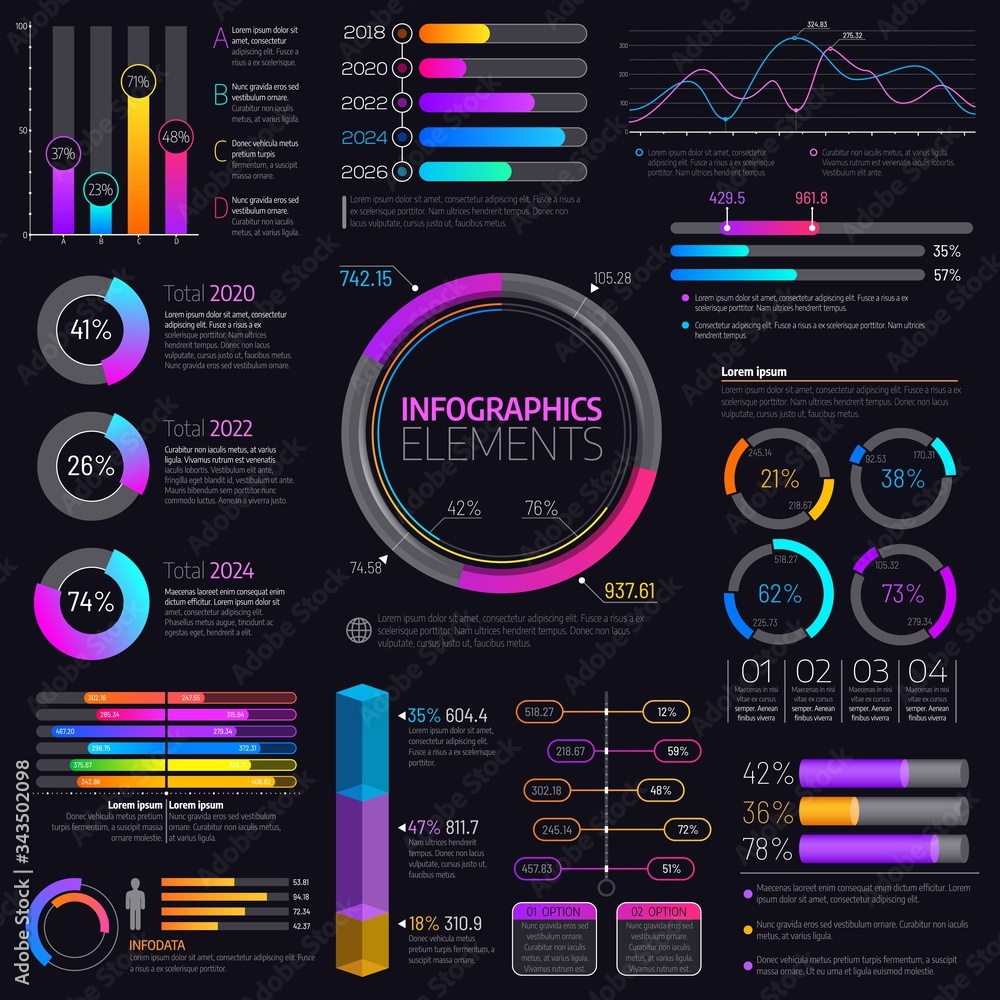 Poster Business infographic elements, vector chart or graph options and circle diagrams. Infodata steps visualization statistics. Business infographics presentation, graphic information in percentage ratio