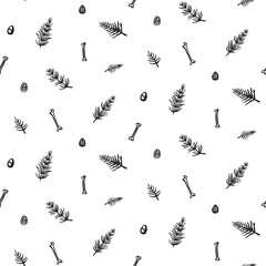 Hand drawn grunge seamless pattern with dinosaur bones, eggs and horsetails. Black and white dino vector background, fashion print for textile or decorations for kids