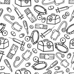 pattern medicine equipment set seamless wallpaper pharmacy doctor doodle sketch monochrome contour line background print poster hospital wrap